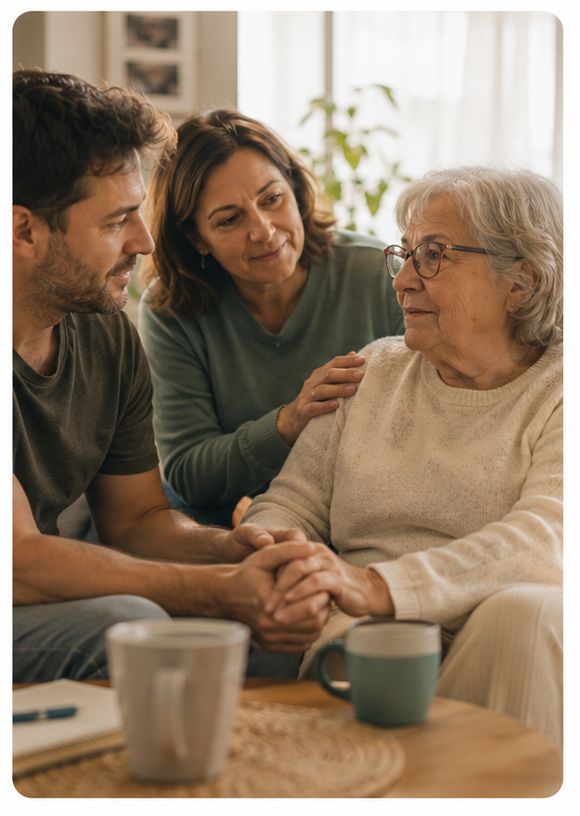Familia acompañando a adulta mayor en casa